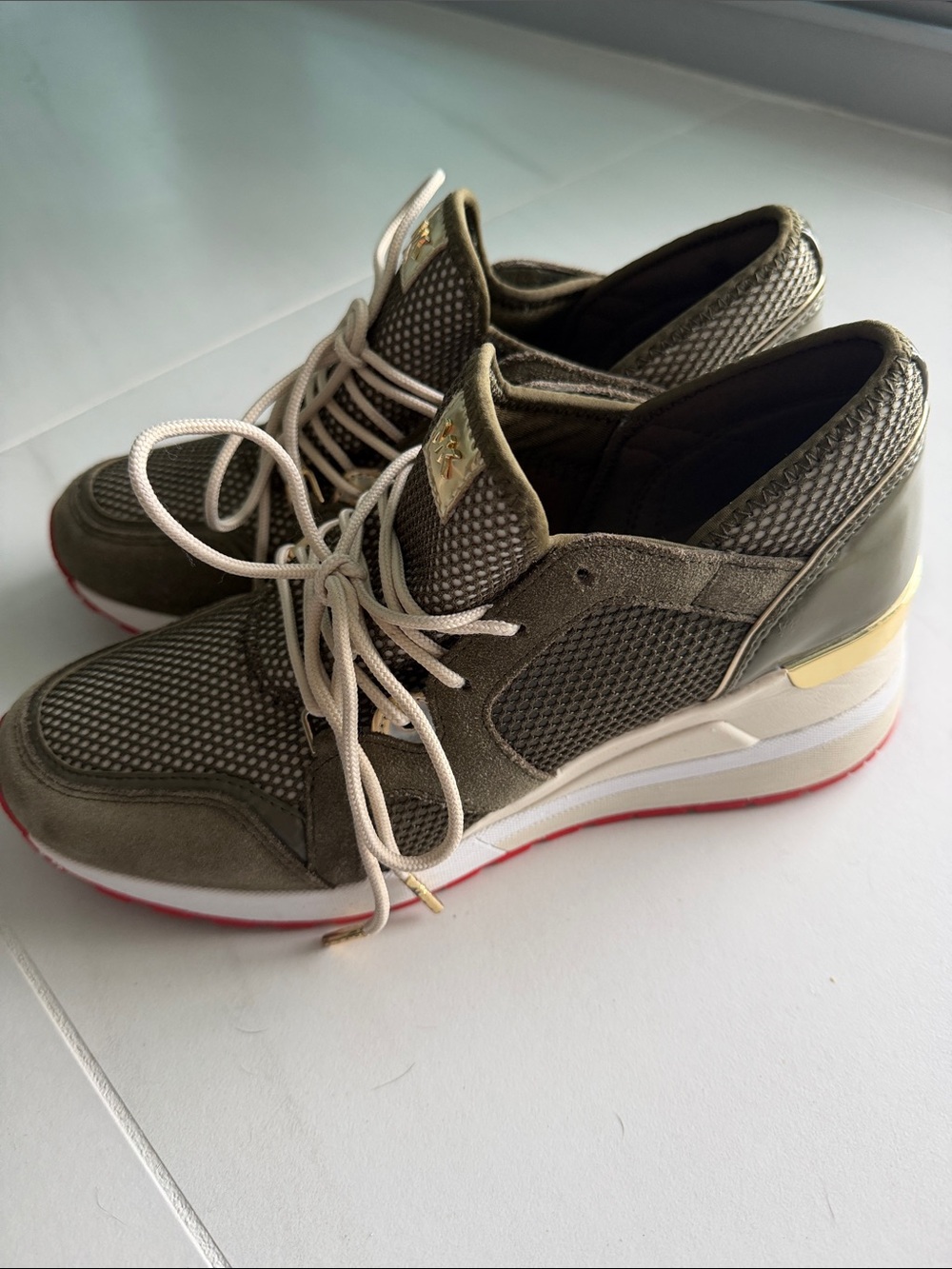 Michael Kors Olive Green Wedge Sneakers with Pink Outsole